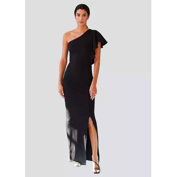 Marcella Meerim Fitted Maxi Dress, One Shoulder Butterfly Sleeve Black sz L - Picture 1 of 9